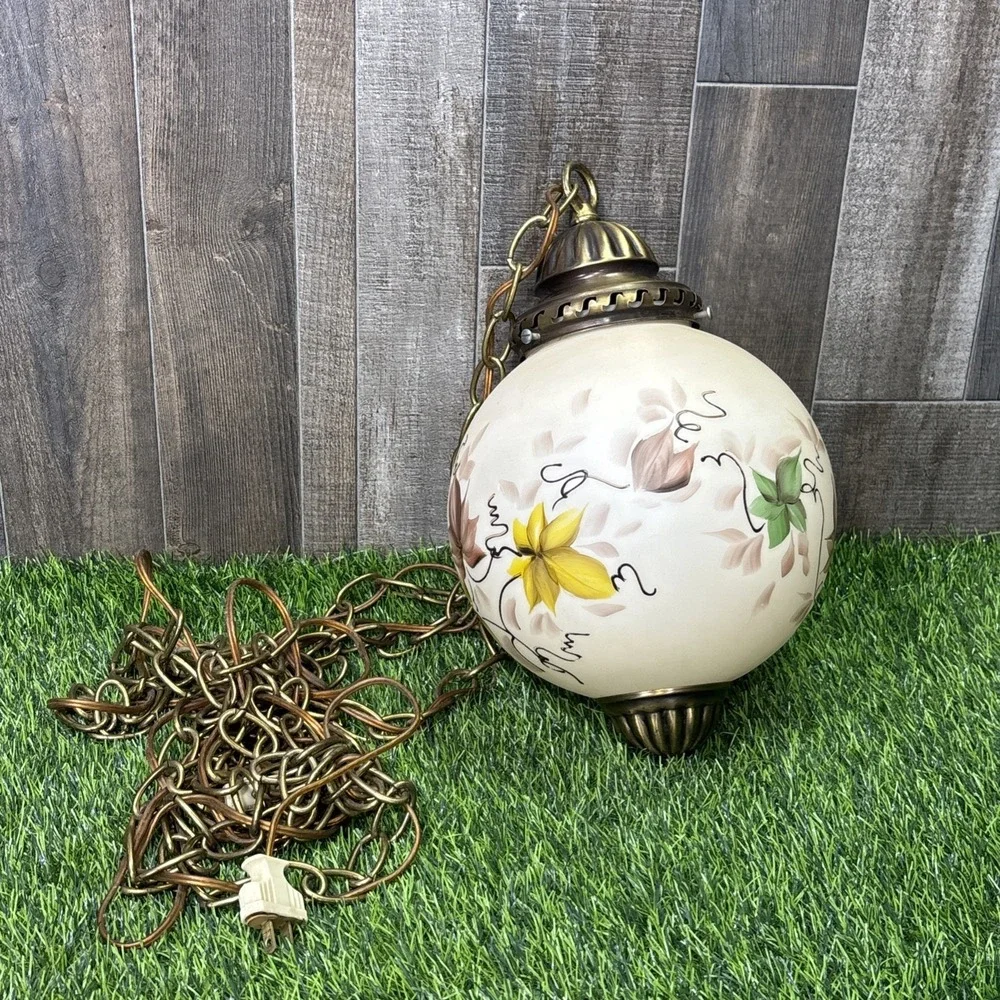 Vintage MCM Hand Painted Globe Swag Lamp Hanging Pendant Light